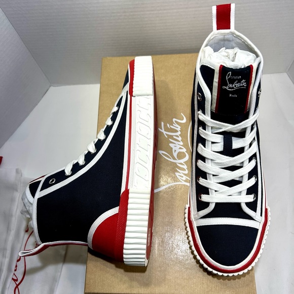 NEW 2024! CHRISTIAN LOUBOUTIN PEDRO FLAT HIGHTOP SNEAKERS MARINE RED WHITE 44 - Picture 8 of 15